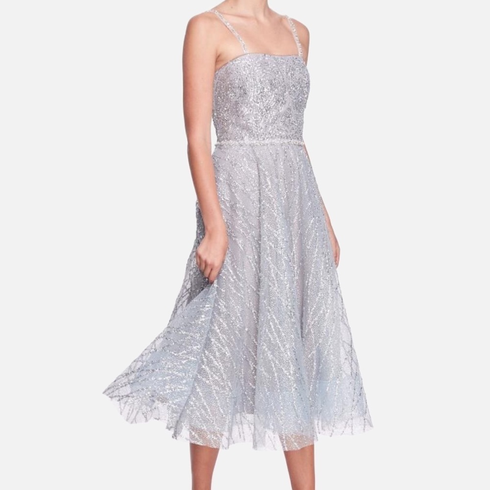 Marchesa Notte Silver Beaded Glitter Tulle Sparkling Tea Length Gown NWT